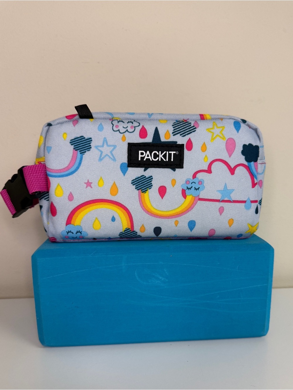 Freezer Lunch Bag - Small Insulated Snack Bag, Blue with Rainbows